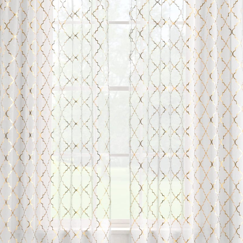 Kotile White and Gold Sheer Curtains 63 Inch Length 2 Panels Set Gold Metallic Pattern Glitter Sheer Curtains for Bedroom, Rod Pocket Light Filtering Shimmer Ogee Sheer Curtains, W52 x L63 Inch - Image 4